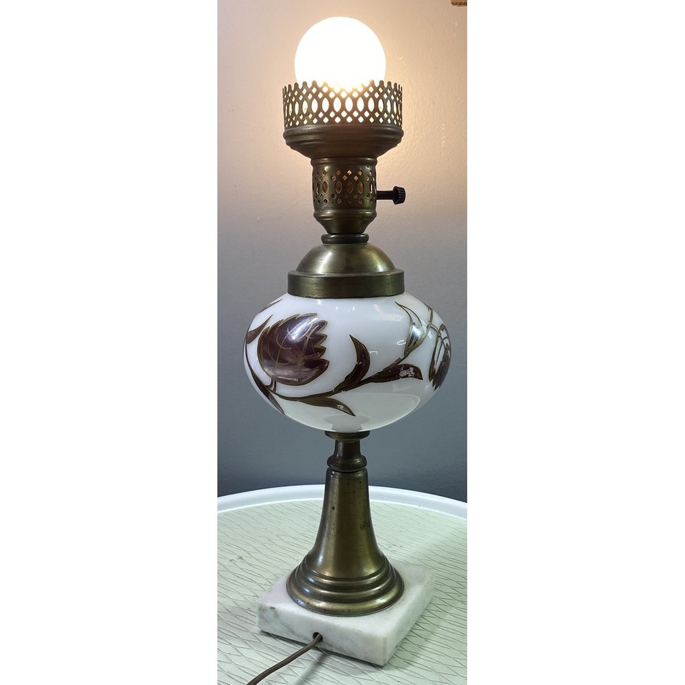 Vintage White Milk Glass&brass‎ Desk Lamp-Hand Painted Floral Marble Base 17"